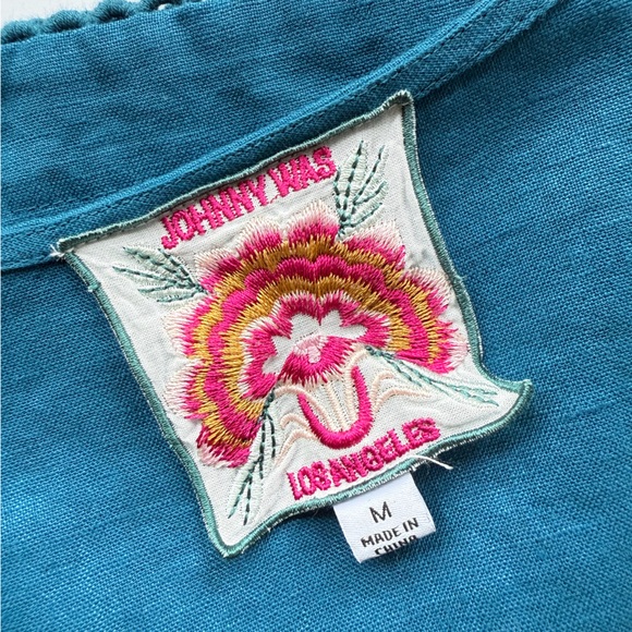 Johnny Was Messine V-Neck Top w/ Side Slits in Teal Floral Embroidered Linen S - Picture 12 of 15